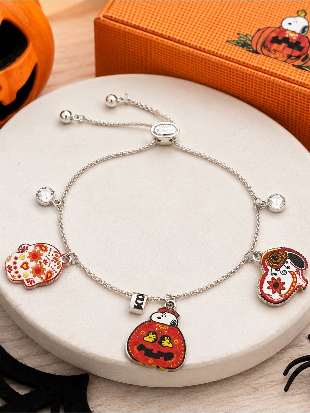 Peanuts Silver-Tone Kids Bracelet with Red and Orange Halloween Charms